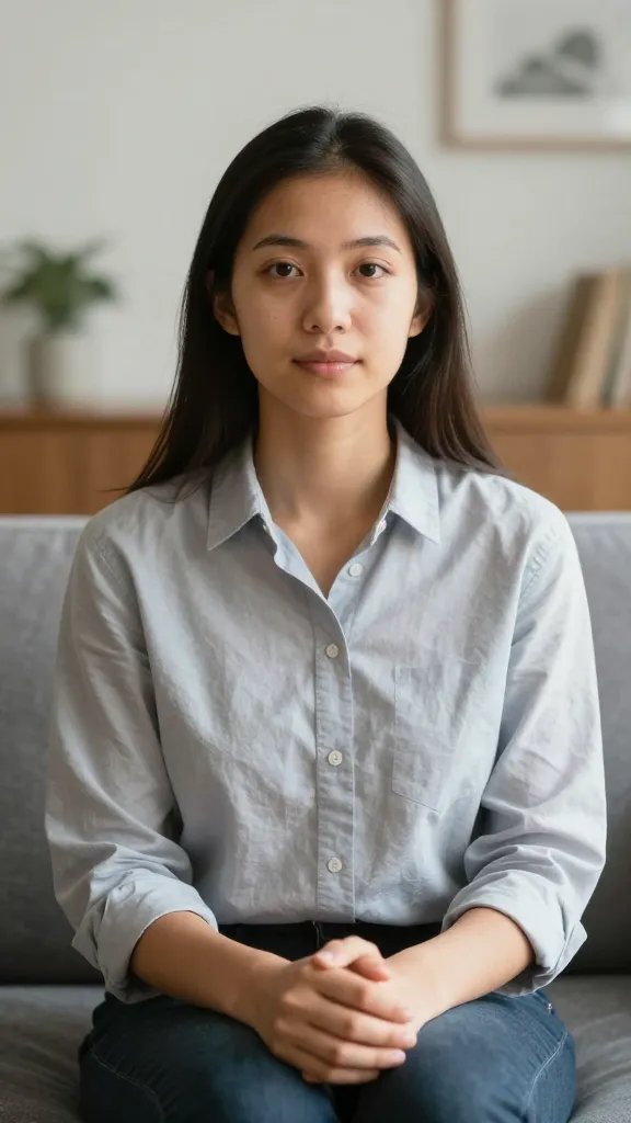 Focused portrait of a mediator speaking calmly to the camera in a living room