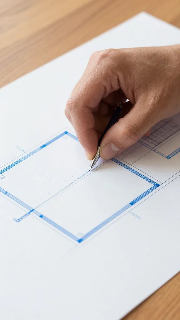 Closeup of a hand placing a blue printed boundary blueprint on a wooden table