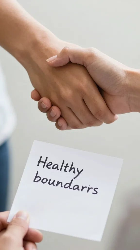 Closeup of a couple’s handshaking over a written “healthy boundaries” note