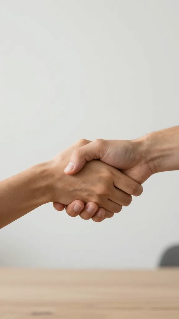 Closeup of a couple’s handshake over a simple, uncluttered desk plan