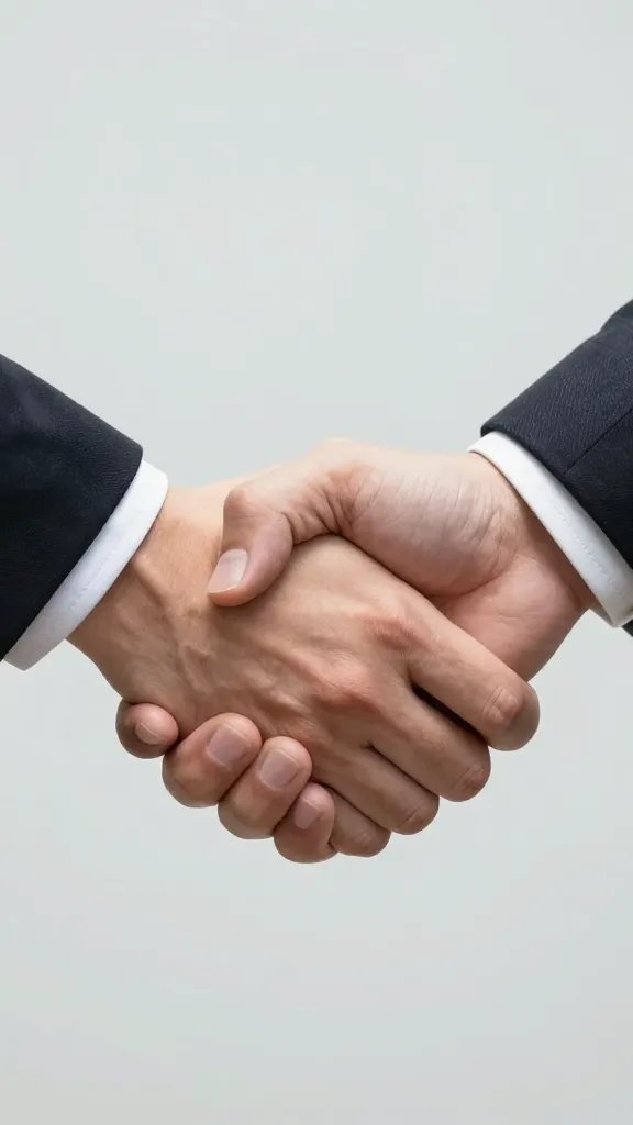 Closeup of a confident handshake between partners, hands centered