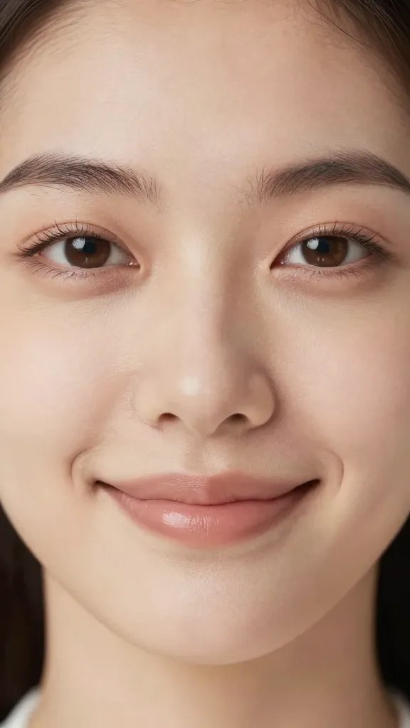 Closeup of a calm, smiling face with soft jealousy-free gaze