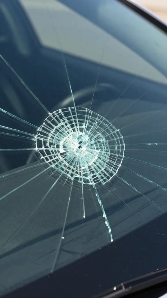 closeup of a shattered windshield crack on glass