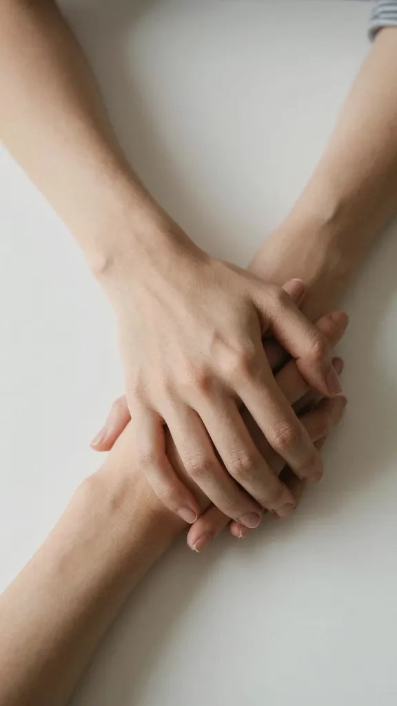 closeup of a couple's intertwined hands resting on a table