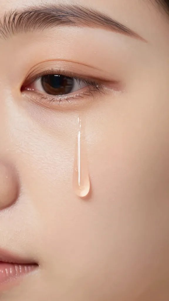 closeup of a single tear rolling down a cheek in soft light