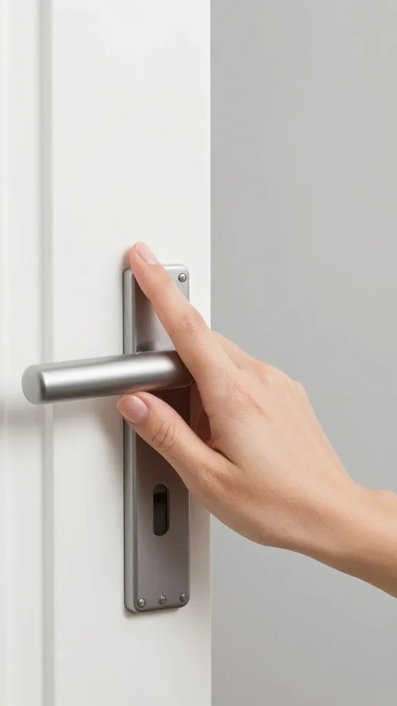 Closeup of a woman's hand pausing a door slam mid-air