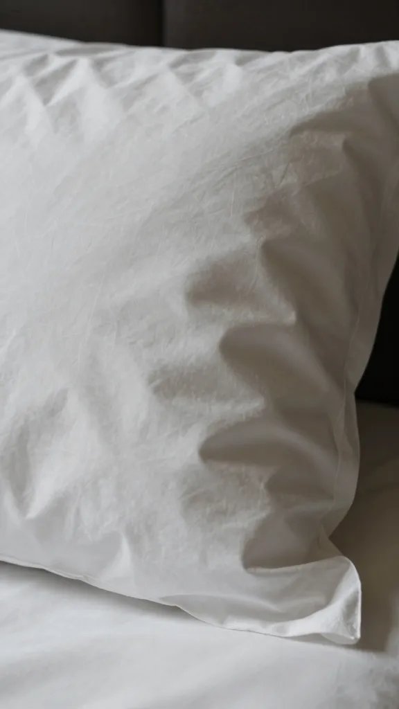 Closeup of a single bed pillow with wrinkled crease and tense shadow