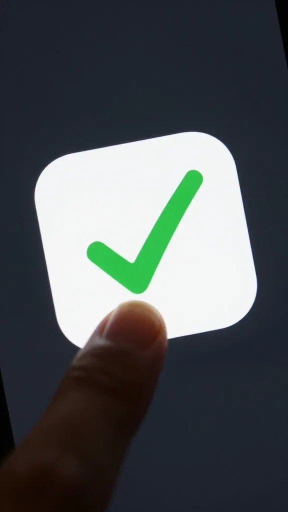 Closeup of a digital checkmark app on screen, focused finger