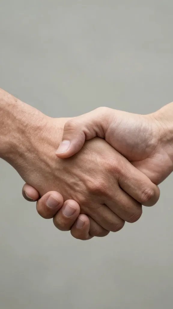 Closeup of a couple’s handshake, tense but supportive grip