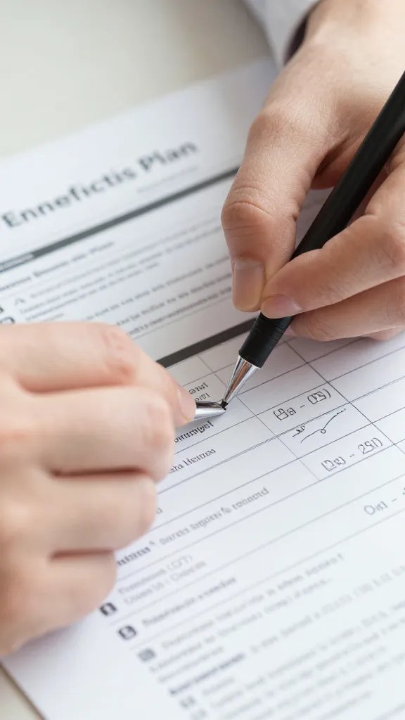 Closeup of two hands over a benefits plan brochure