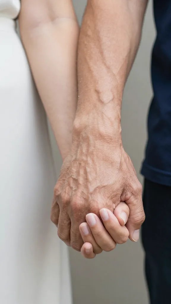 Closeup of a mature couple's hands clasped, age-gap theme subtle in background