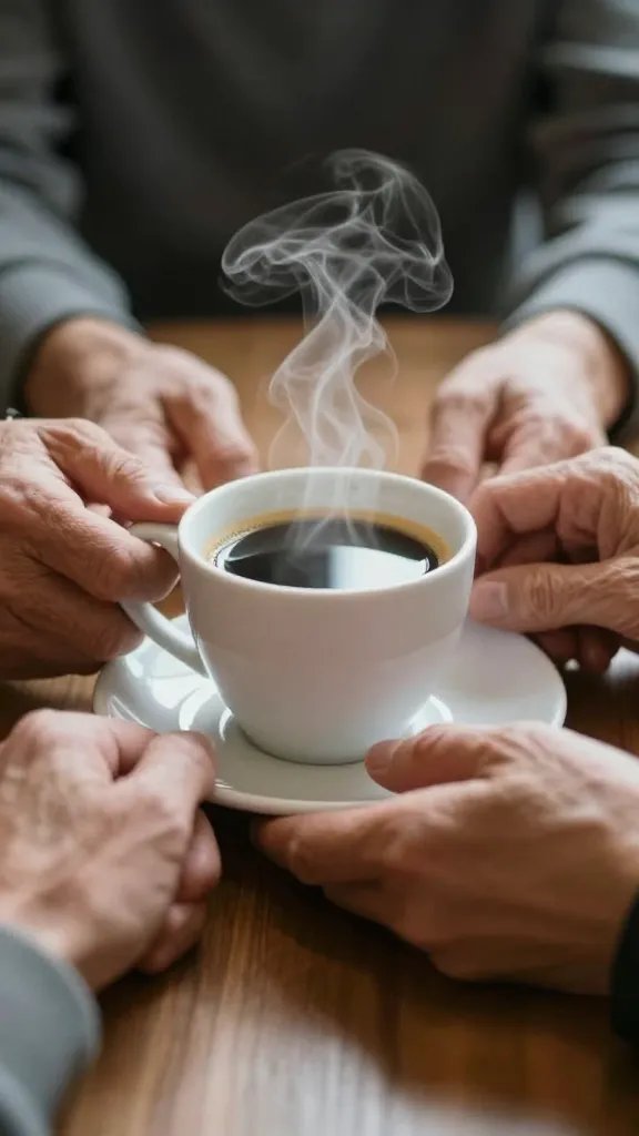 Closeup of a steaming coffee cup between two age-diverse hands on table