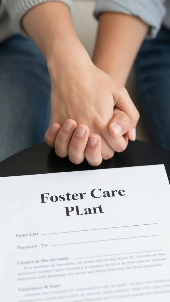 Closeup of a couple holding hands over a foster care plan document