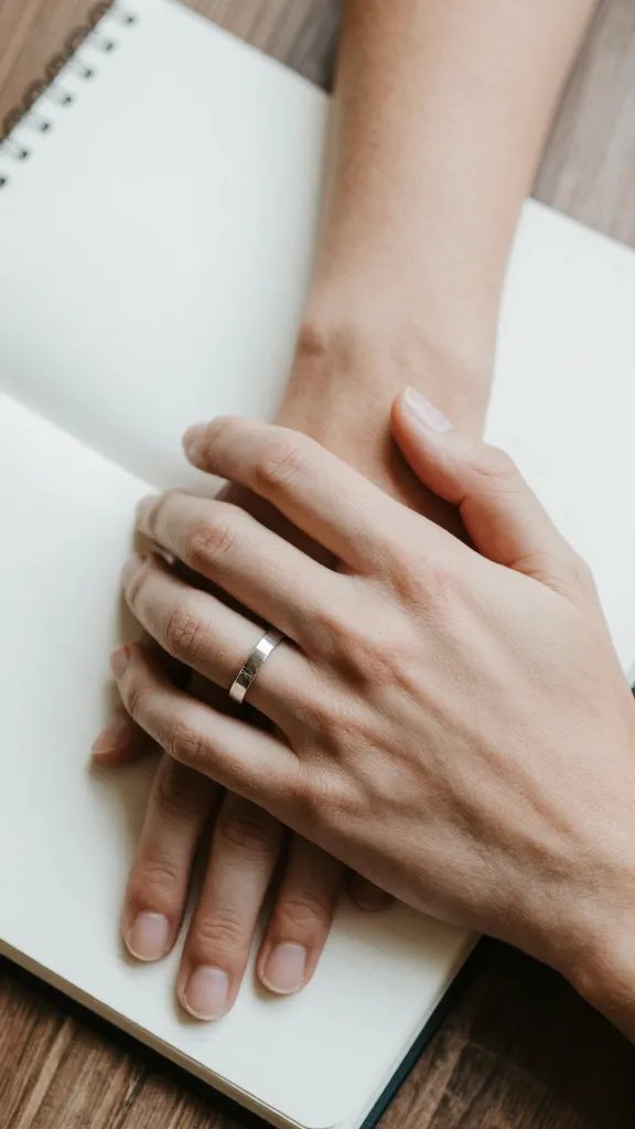 Closeup of a couple’s entwined hands with a shared wedding ring and a notebook