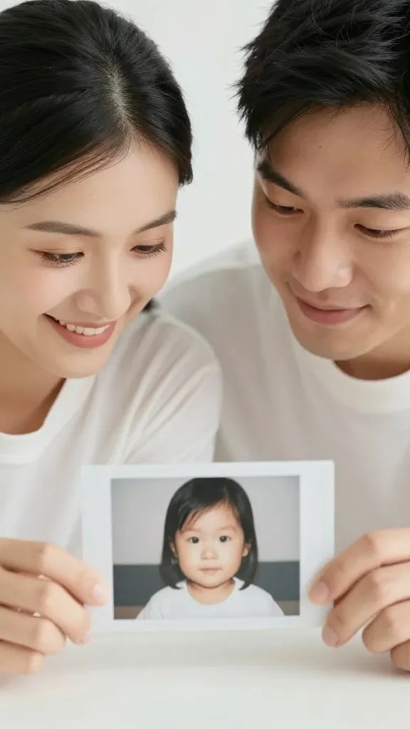 Closeup of a couple smiling softly at a photo of a child on a table