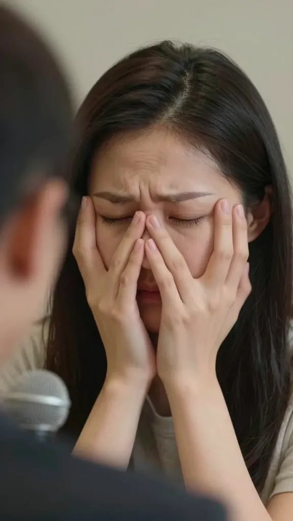 Closeup: anxious woman during public correction moment, microphone blur in background