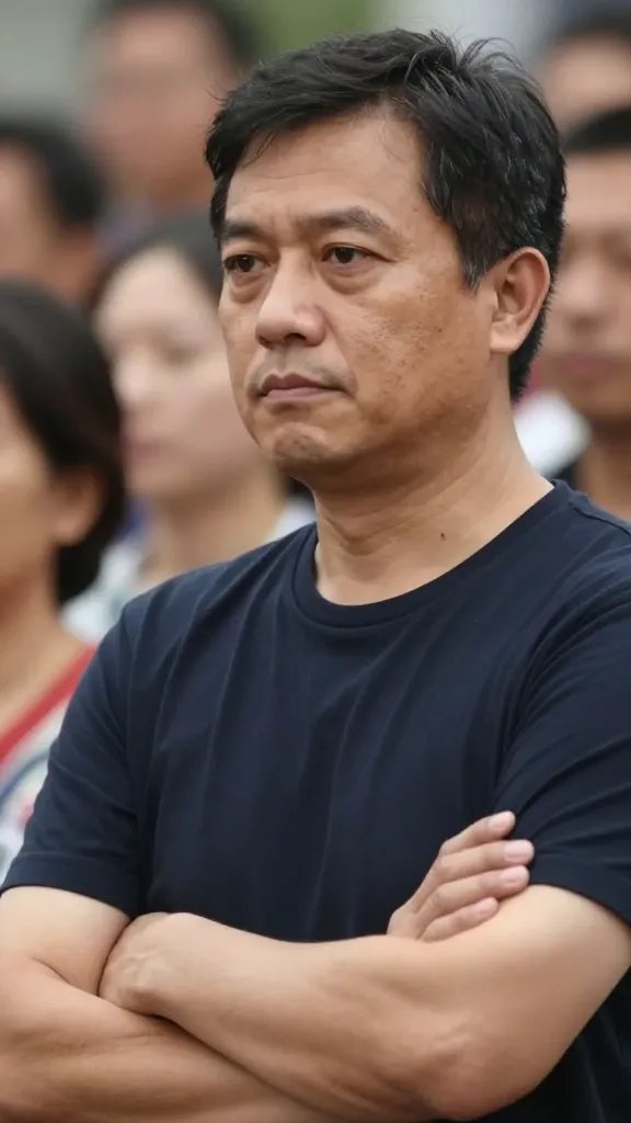 Closeup: man defensively cross-armed, face highlighted, public setting soft-focus crowd