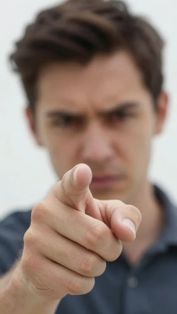 Closeup: partner’s hand pointing index finger, corrective glare, tense facial expression in public