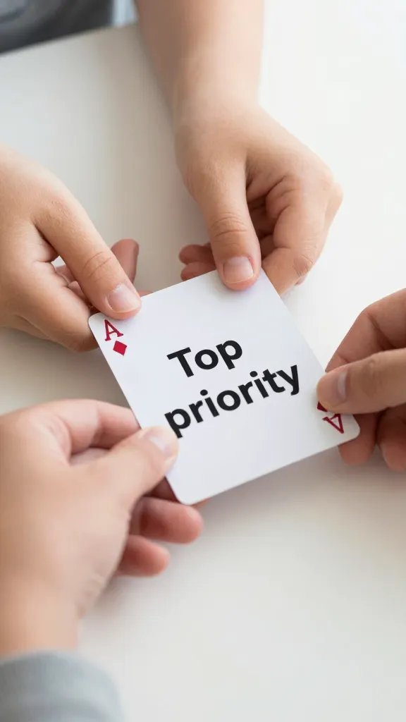 closeup of hands placing a single card labeled 