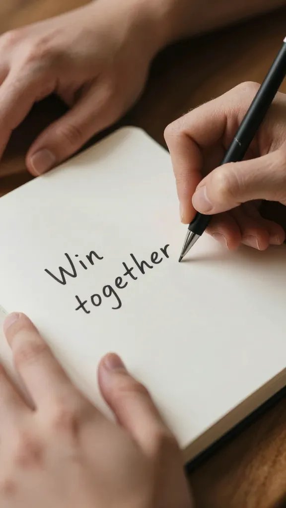 closeup of a couple's hands writing in a notebook labeled 
