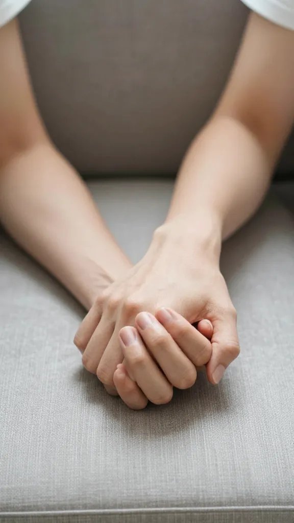 Closeup of a couple’s intertwined hands on a couch cushion