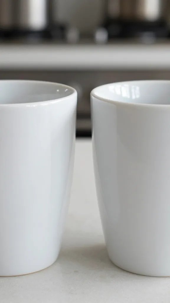 Closeup of two coffee cups side by side on a kitchen counter