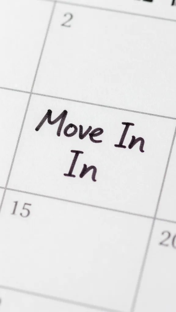 Closeup of a blank calendar with a handwritten “Move In” note in camera focus