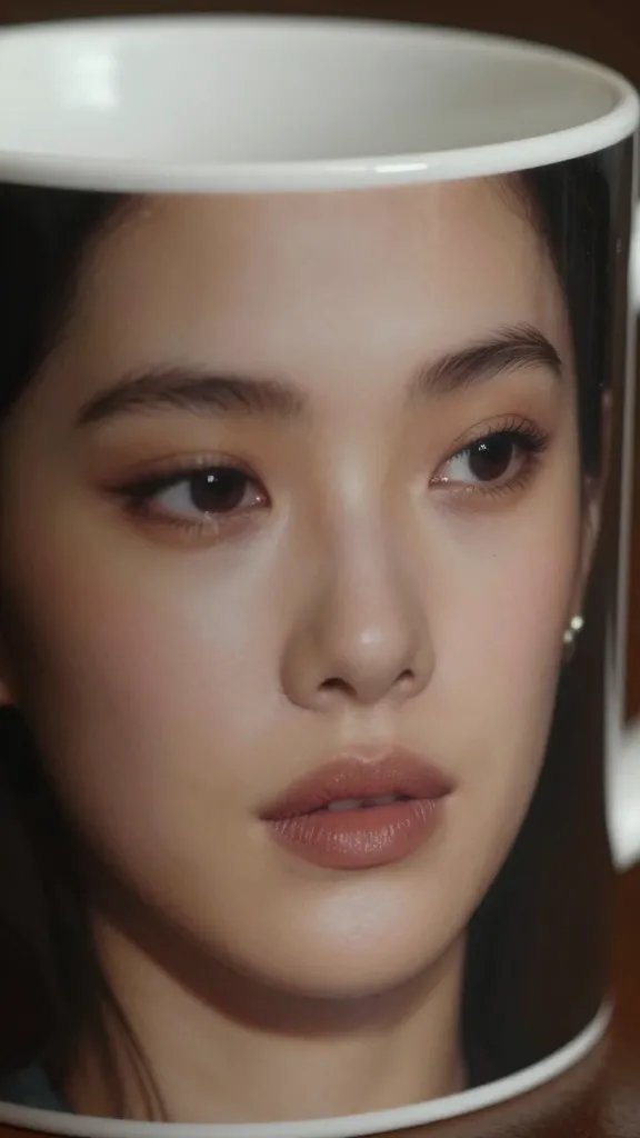 Closeup of a coffee mug with calm, nonjudgmental facial expression reflection