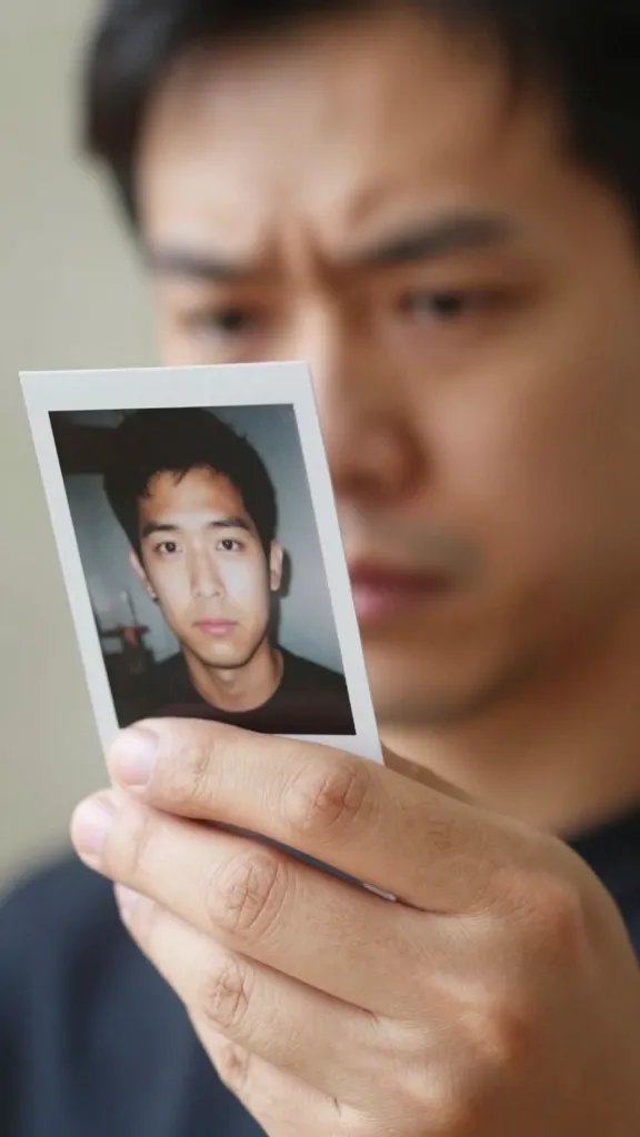 Close-up of a concerned adult hand holding a photo, shallow depth of field
