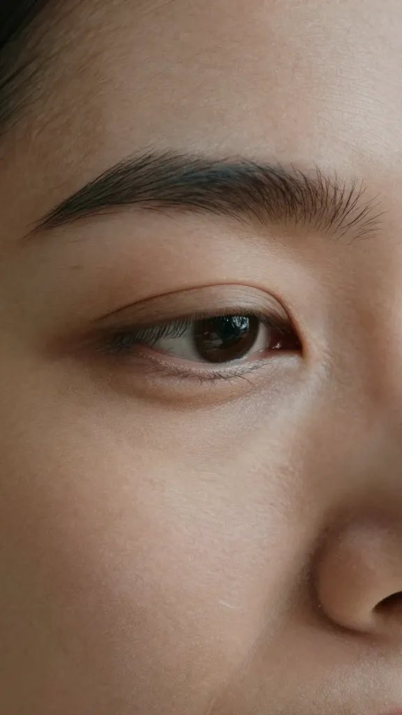 Close-up of a calm adult eye with subtle worry, soft lighting