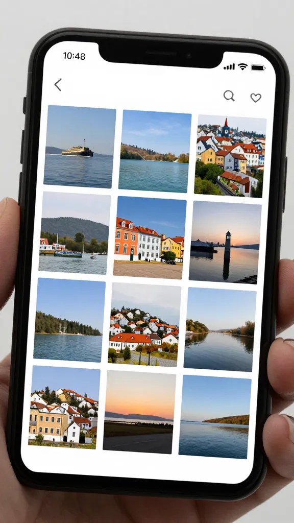 closeup of a smartphone screen displaying a well-organized digital photo gallery