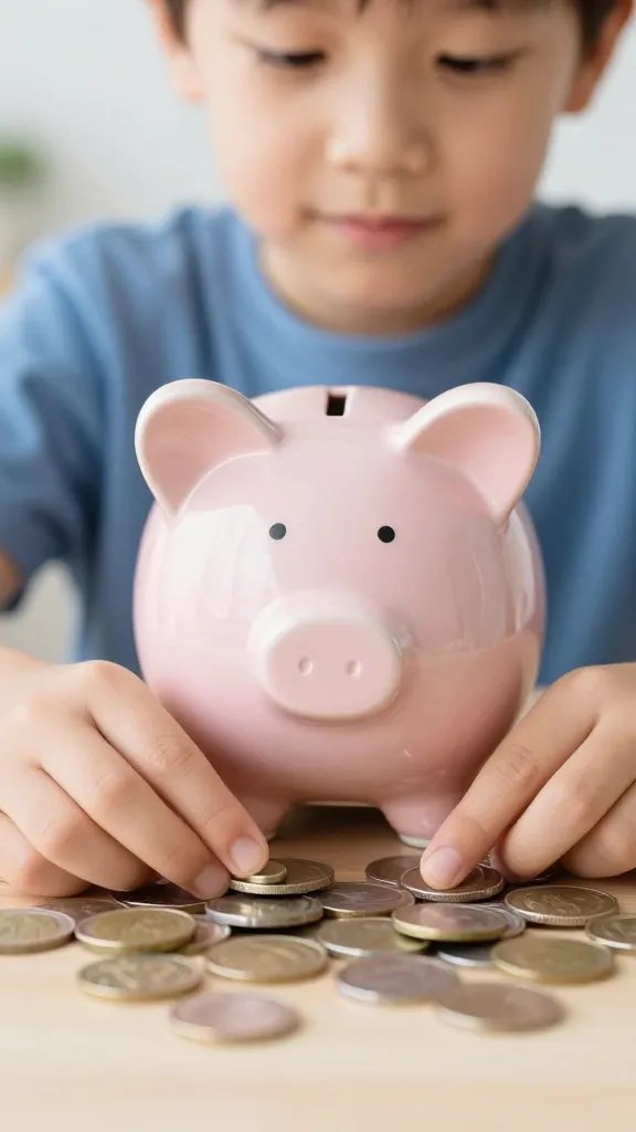 closeup of a kid counting coins at a desk with a piggy bank