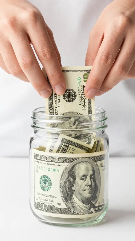 closeup of hands placing dollar bills into a transparent savings jar