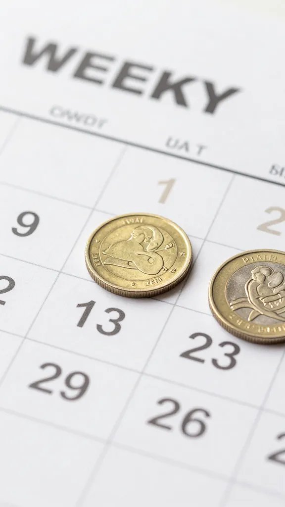 closeup of a weekly allowance calendar with a single highlighted date and coin beside it