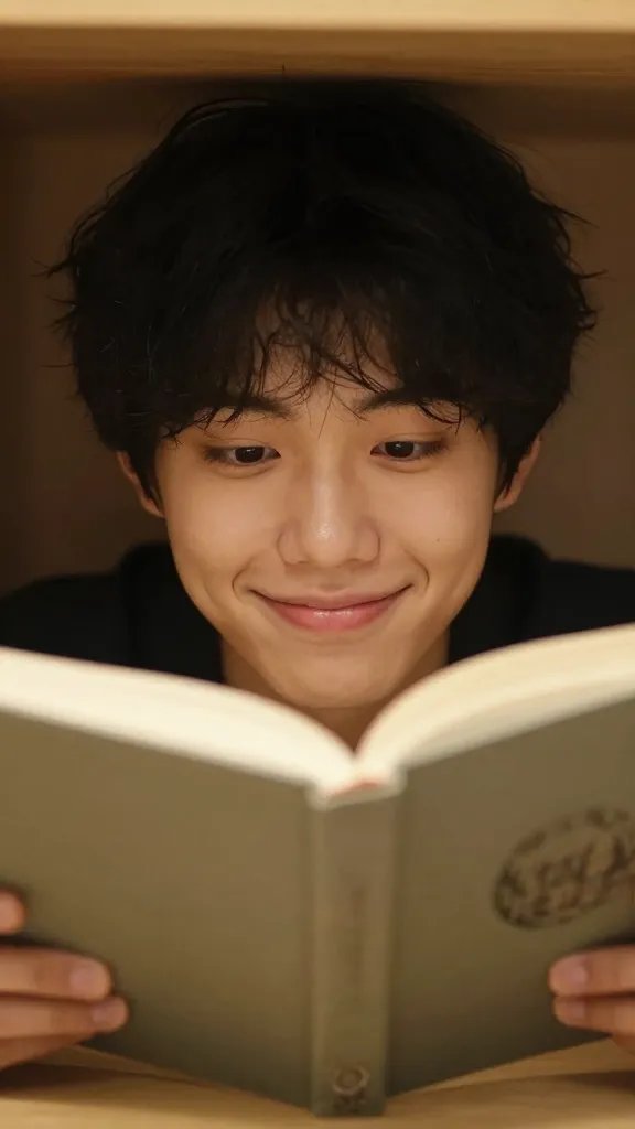 Closeup of a single person in a cozy reading nook, thoughtful smile, warm lighting