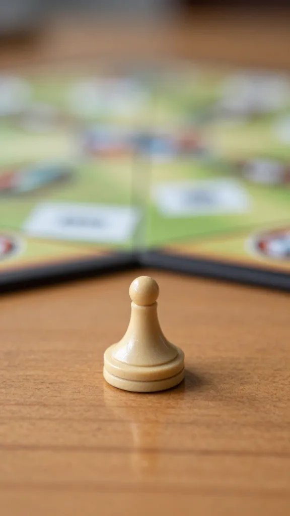 Closeup of a single board game piece on a wooden table, focused, soft bokeh background