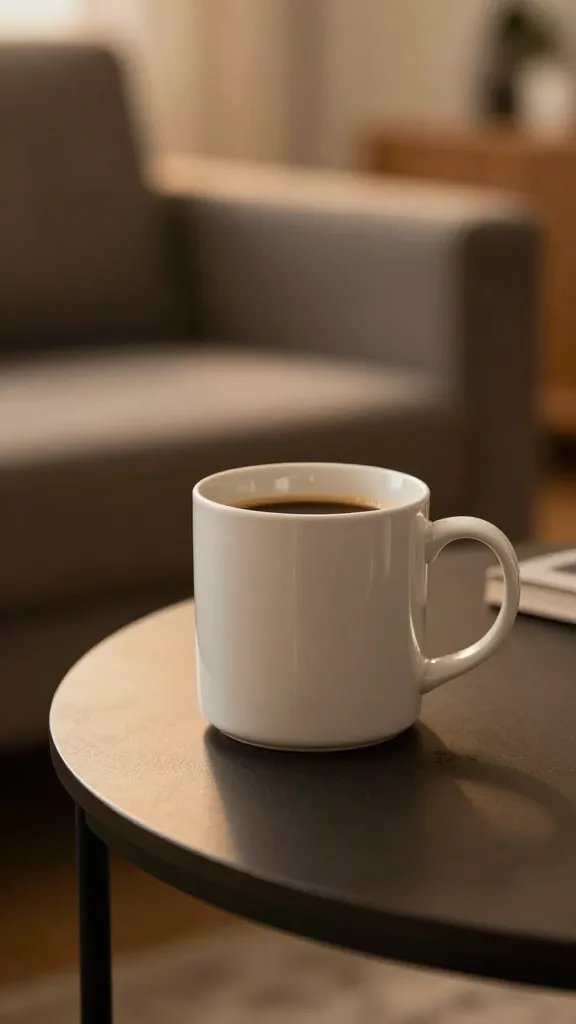 Closeup of a single coffee mug on a side table, ambient living room glow
