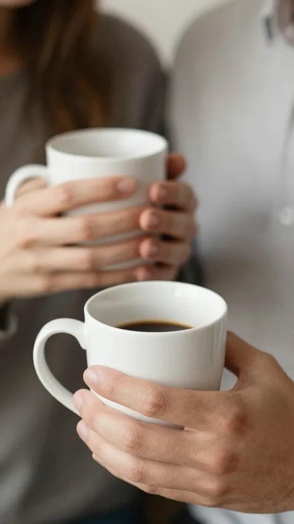 Closeup of a couple holding coffee mugs, hands intertwined