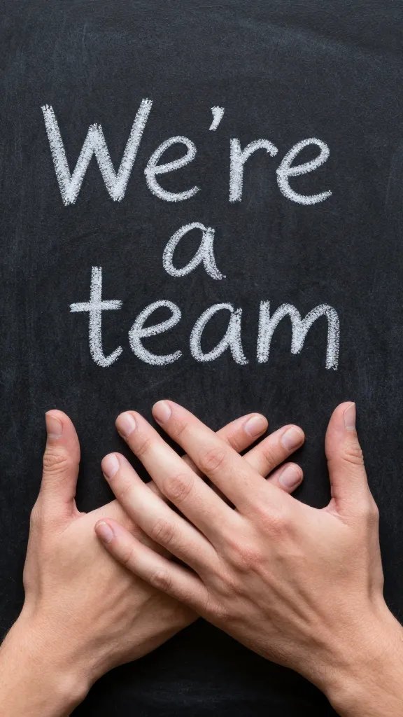 Closeup of a chalkboard with “We’re a team” written, couple’s hands in frame