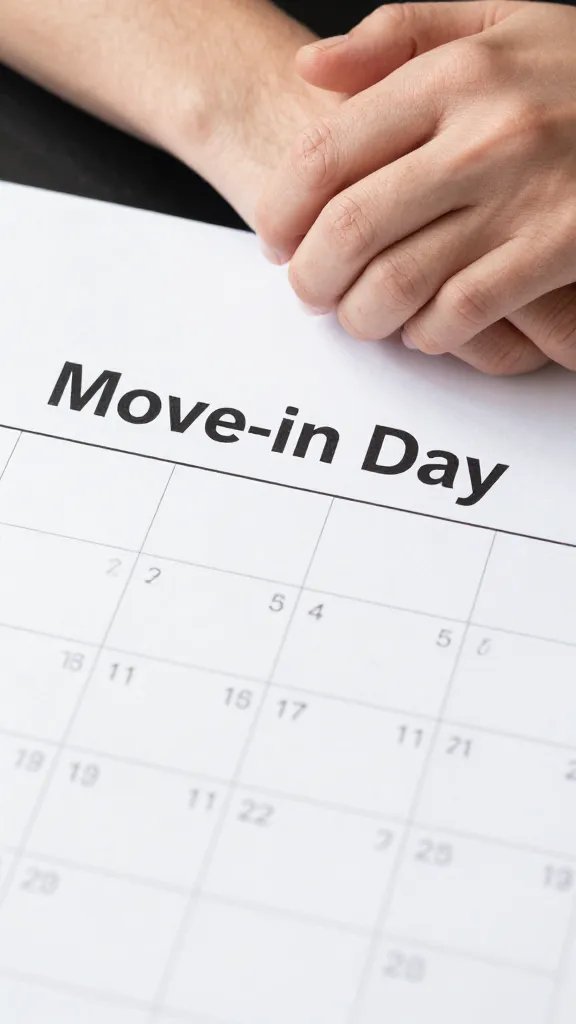Closeup of a calendar page marked “Move-in Day,” couple’s clasped hands at edge