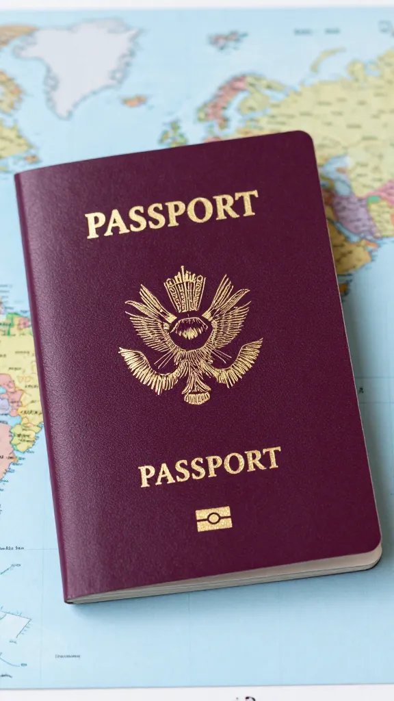 Closeup of a single passport with a world map background