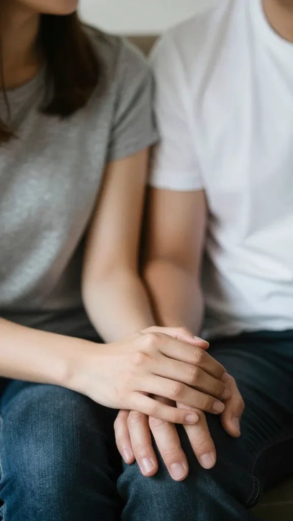 Focused portrait of a couple contemplating, hands interlocked only