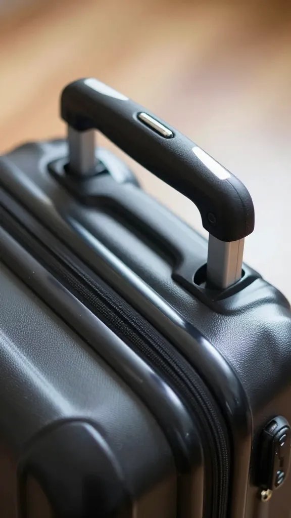 Closeup of a single suitcase handle on a wooden floor with soft light