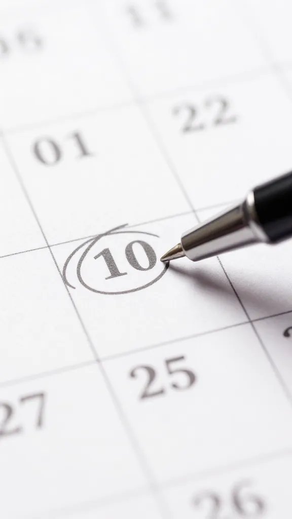 Closeup of a calendar page with a single circled date and a pen
