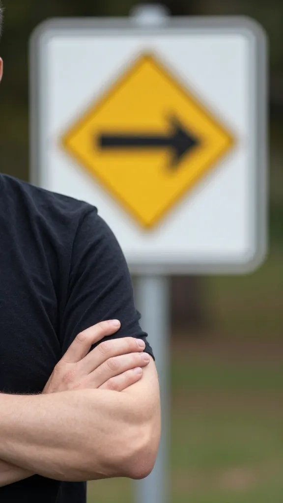 Focused shot of a person crossing arms, boundary signage blurred in background