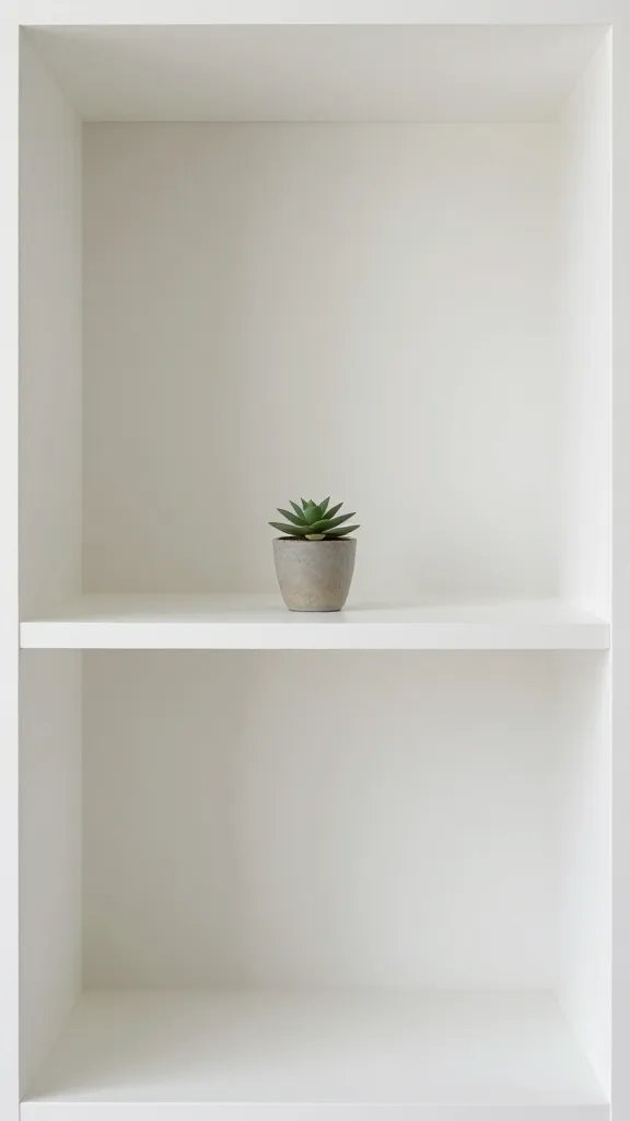 closeup of one empty, uncluttered shelf with a single plant centerpiece
