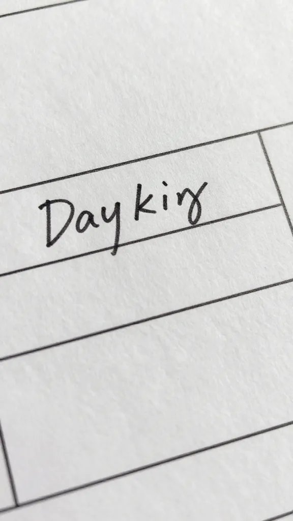 Closeup of a handwritten daily check-in note on paper