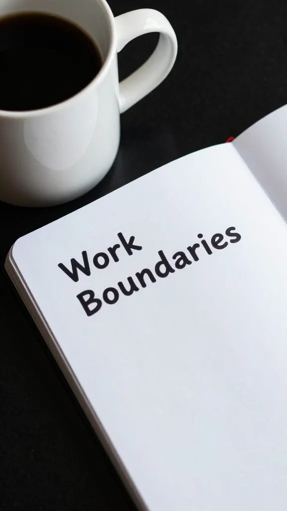 Closeup of a composed coffee mug and a simple notebook labeled 