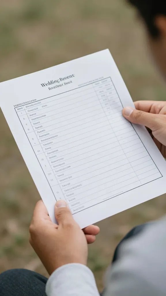 closeup of a man handing a wedding budget spreadsheet to partner