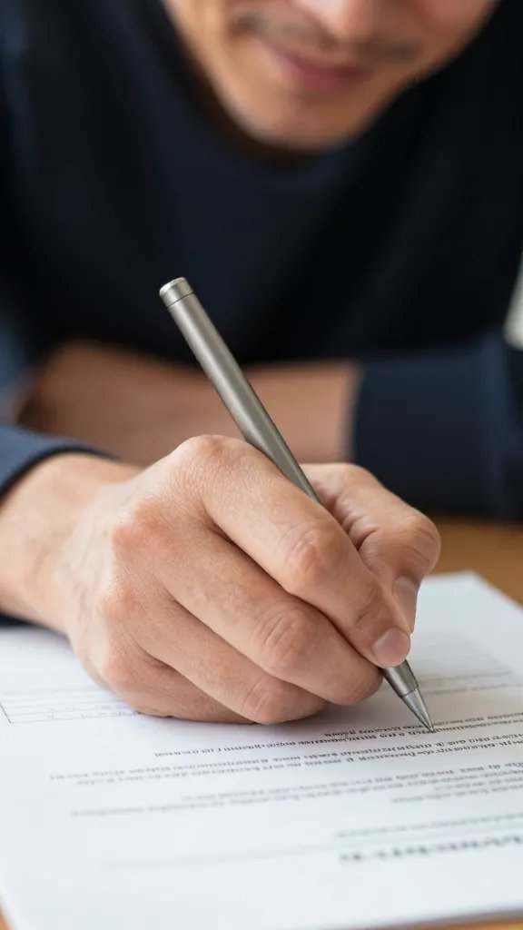Closeup of a smiling adult hand signing a legal guardianship document